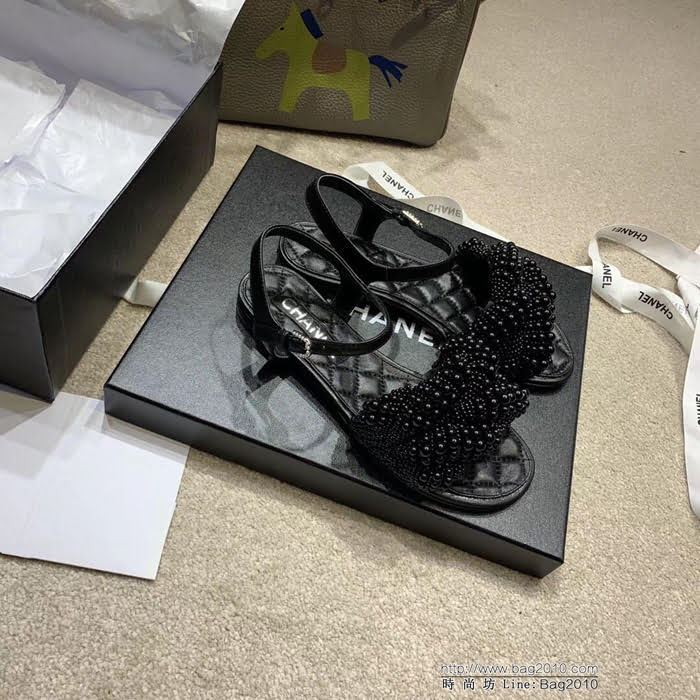 CHANEL香奈兒 2019度假系列 羊皮電繡菱格配色 珍珠手工鑲嵌編織 義大利A級真皮大底 時尚百搭款 女款珍珠涼鞋  dsX1971